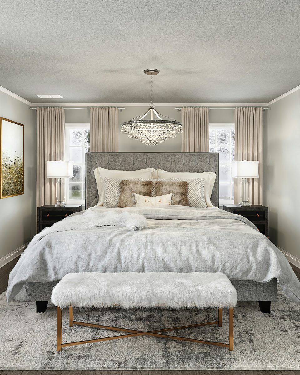 Elegant bedroom with chandelier and soft neutral furnishings