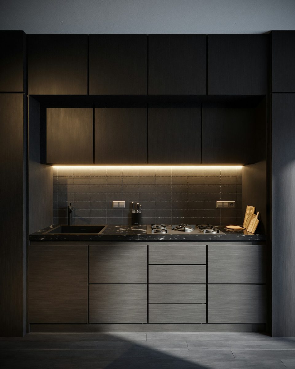 High-end black kitchen with warm under-cabinet lighting