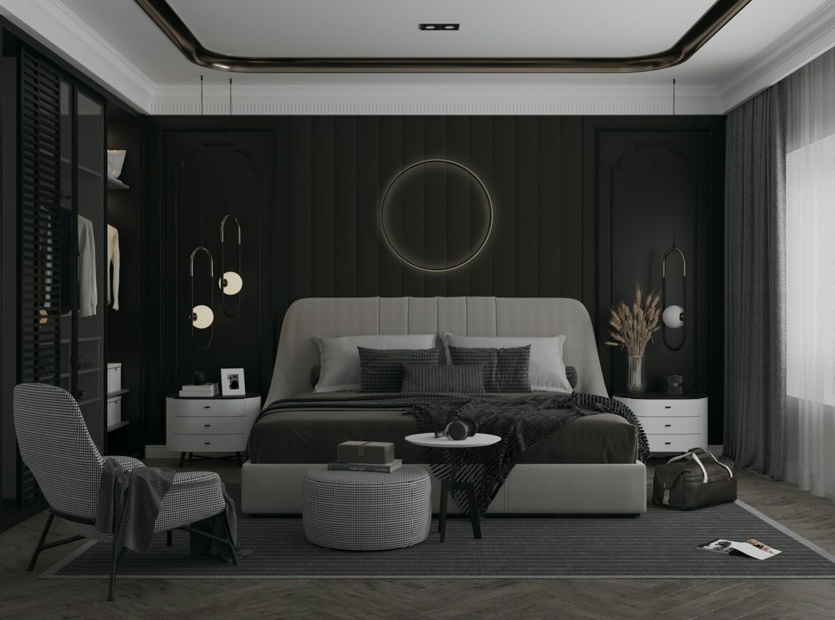 Sophisticated dark-toned master bedroom in a premium rental property