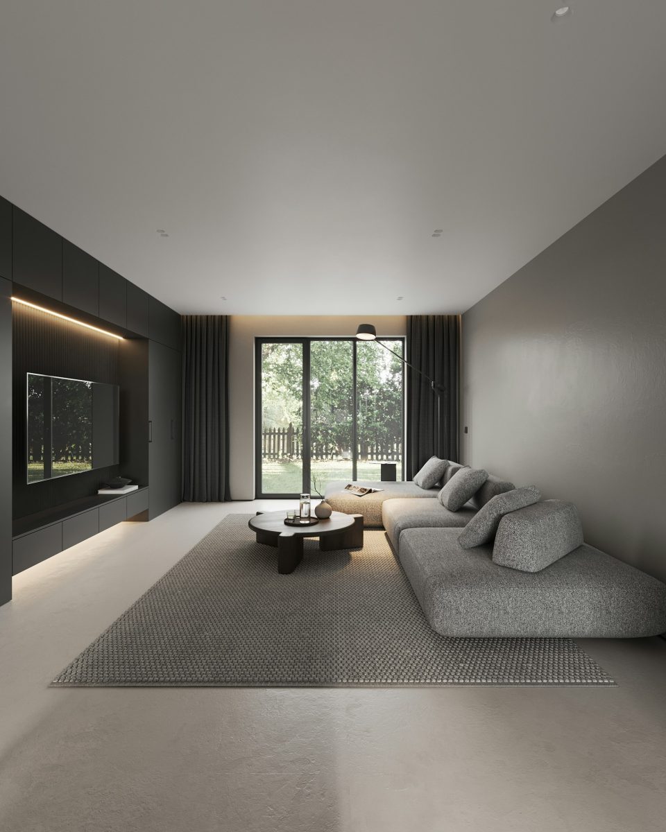 Modern open-plan living space with garden views