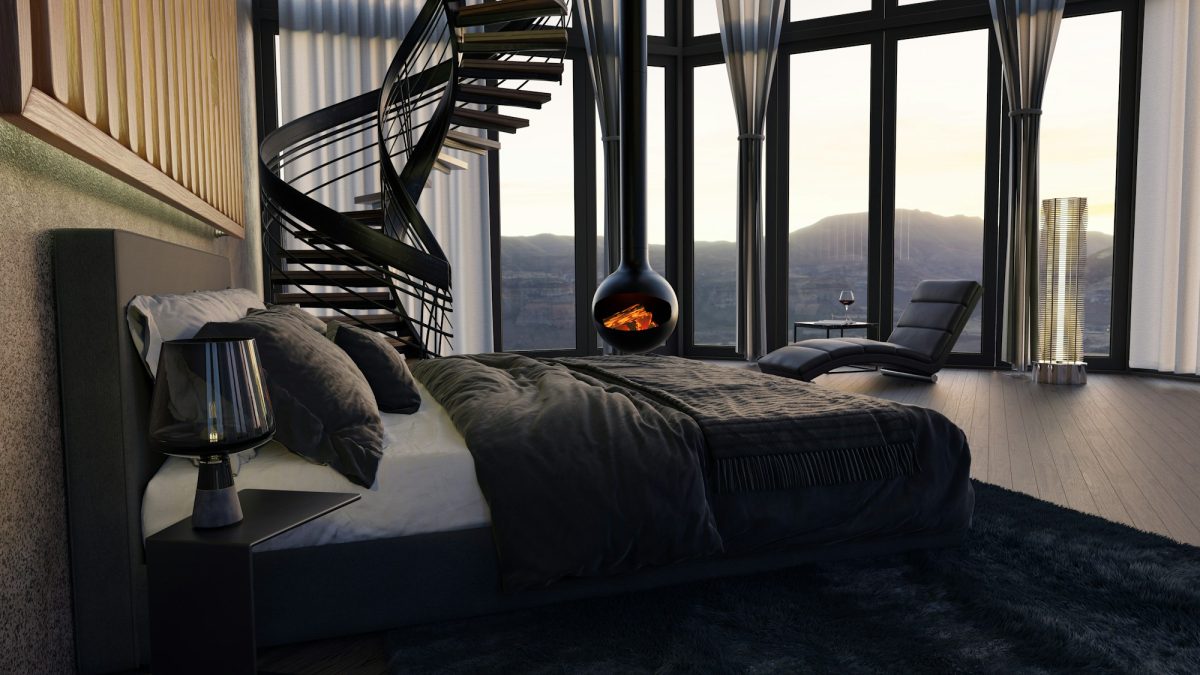 Penthouse bedroom with panoramic windows and spiral staircase